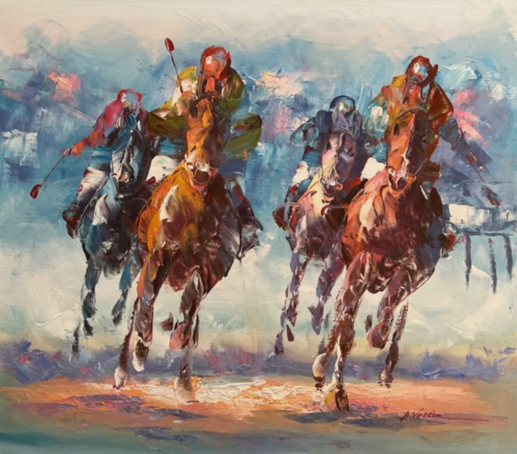 art-decoration-tableau-peinture-huile-toile-scene-course-hippique-chevaux-galop-jockey