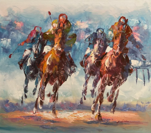 art-decoration-tableau-peinture-huile-toile-scene-course-hippique-chevaux-galop-jockey