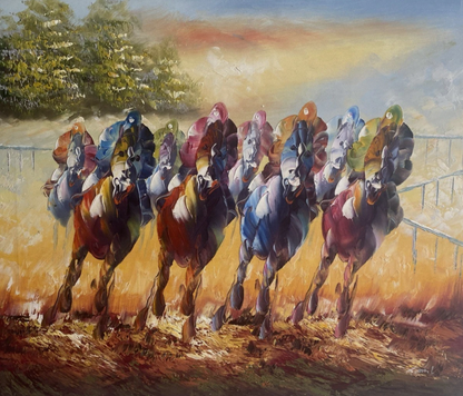 art-decoration-tableau-peinture-huile-toile-scene-course-hippique-chevaux-galop-jockey-moderne