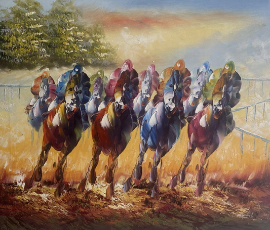 art-decoration-tableau-peinture-huile-toile-scene-course-hippique-chevaux-galop-jockey-moderne