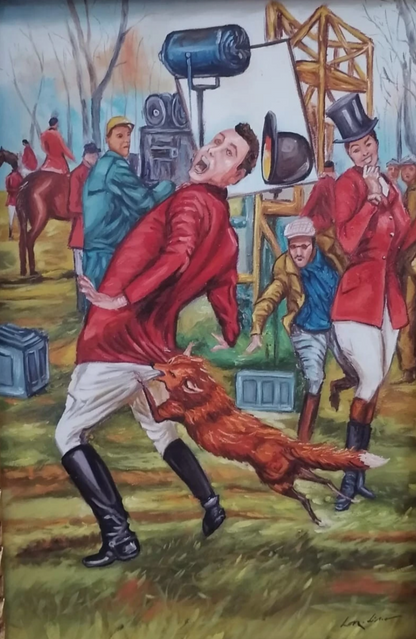 art-decoration-tableau-peinture-huile-toile-scene-comique-chasseur-renard