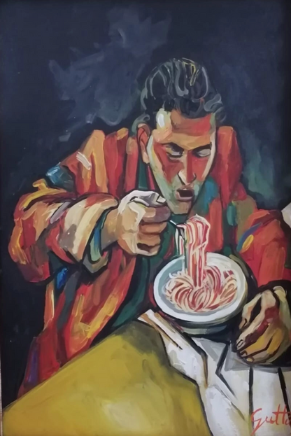 art-decoration-tableau-peinture-huile-toile-scene-vie-portrait-home-mange-spaghettis