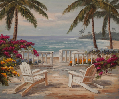 Maison de plage espagnole peinture huile sur toile - Palmiers Impressionnisme Originale