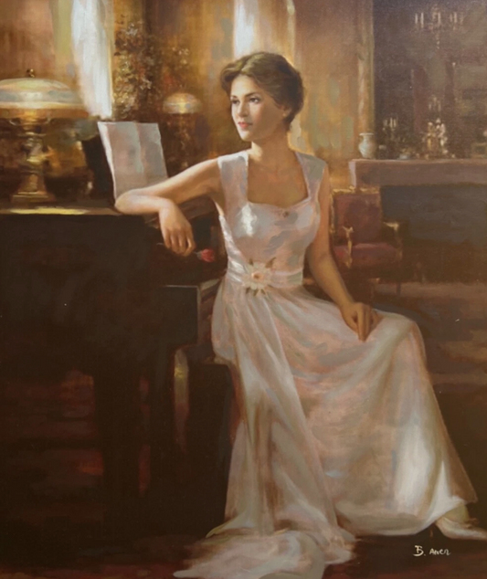 "Repos au piano - Peinture à l'huile originale sur toile