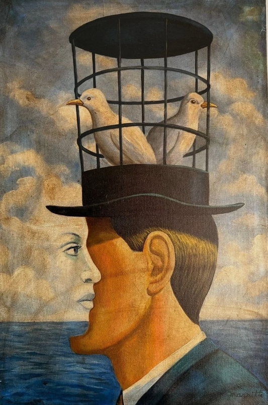 art-surréalisme-portrait-deux têtes-colombe-peinture-huile sur toile-d'apres Magritte
