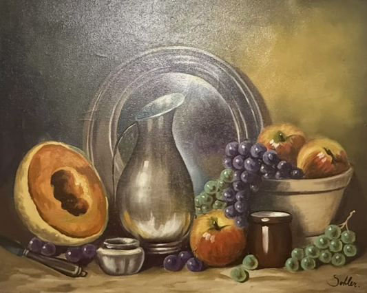 Tableau ancien fruits nature morte par Stohler. Cadre doré