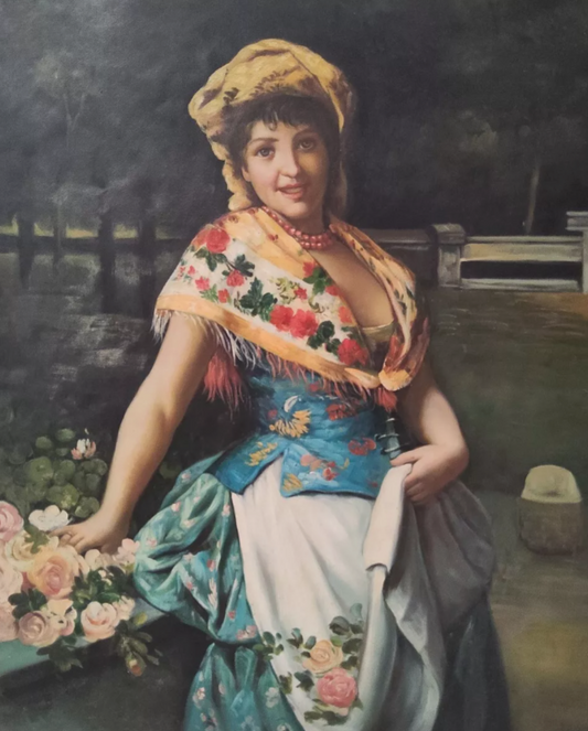 art-portrait-jeune-femme-fleurs-peinture-huile-toile