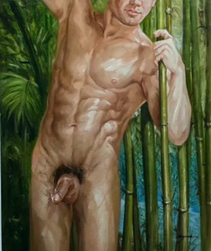 art-decoration-tableau-peinture-huile-toile-portrait-masculin-viril-homme-nu-gros sexe
