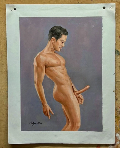 art-decoration-tableau-peinture-huile-toile-portrait-erotique-homme-nu-integrale-sexe-erection