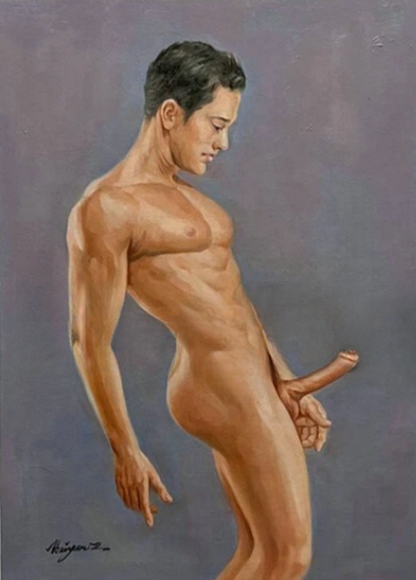 art-decoration-tableau-peinture-huile-toile-portrait-erotique-homme-nu-integrale-sexe-erection