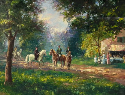 Vintage Original Oil On Canvas Riders Ladies Family Cozy Evening Woods Painting