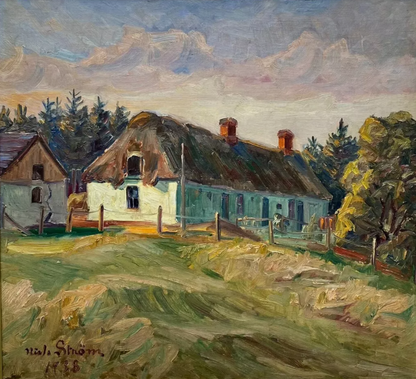 NIELS STROM - été, paysage champêtre avec maisons, tableau huile sur toile