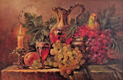 art-decoration-tableau-peinture-huile-toile-nature-morte-fruits-raisin-perruche
