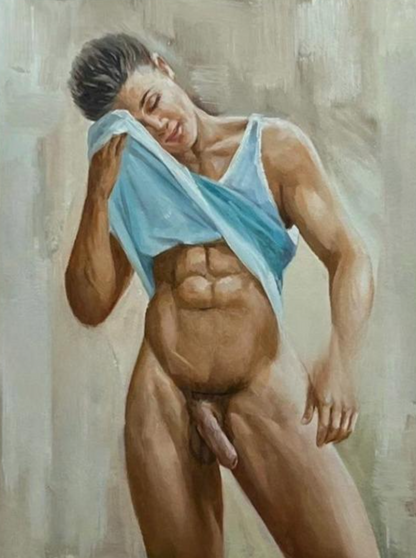 art-decoration-tableau-peinture-huile-toile-portrait-erotique-homme-nu-integrale-sexe-tbm