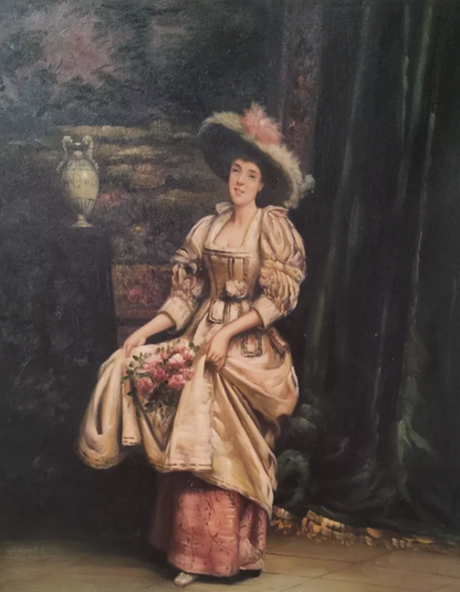 art-decoration-tableau-peinture-huile-toile-portrait-feminin-dame-noble-fleurs