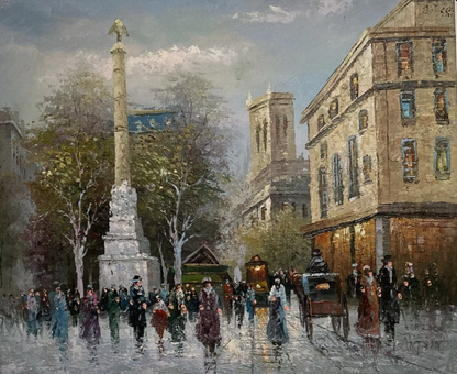 art-decoration-tableau-peinture-huile-toile--paysage-scene-personnages-rue-Paris
