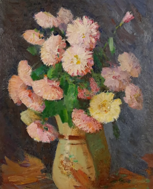 art-nature-morte-floral-fleur-chrysanthèmes -peinture huile panneau