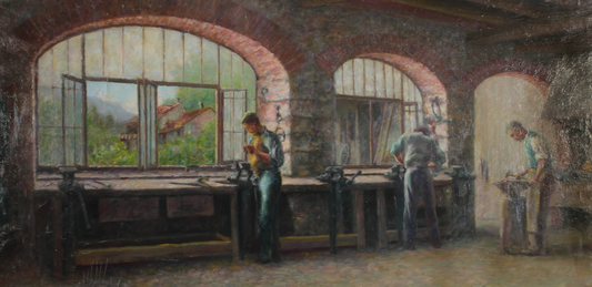 art-decoration-tableau-peinture-huile-panneau-scene-vie-atelier-forgerons
