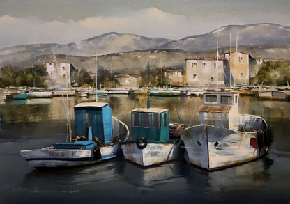 art-decoration-tableau-peinture-huile-toile-port-bateaux-paysage-marin