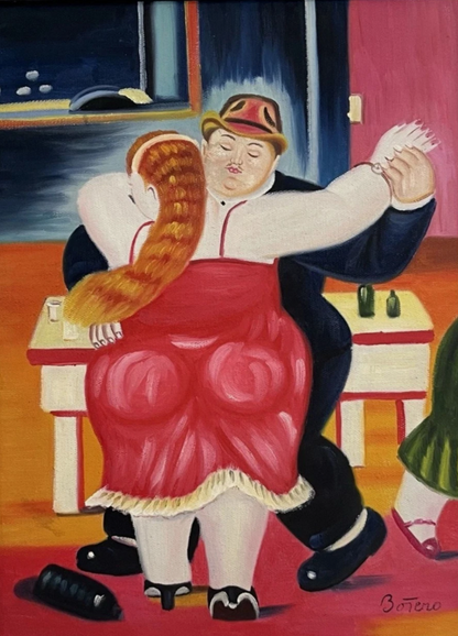 art-decoration-tableau-peinture-huile-toile-portrait-femme-rousse-homme-danseur-d'apres Botero