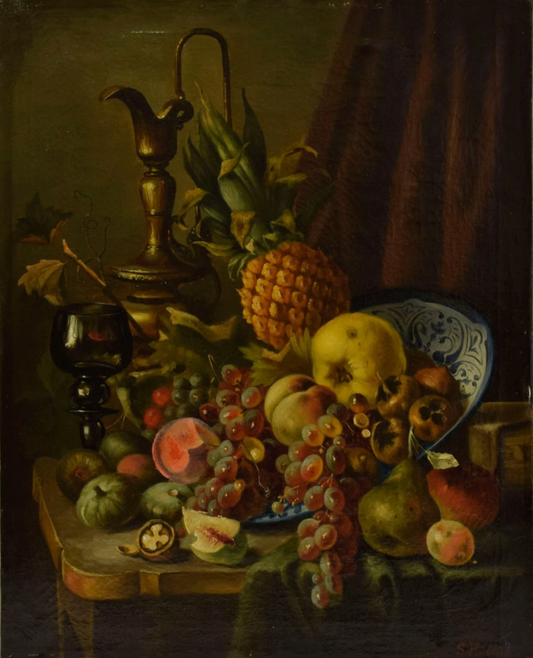 Nature morte 1850-1900 aux fruits et pichet, huile, 68,5 x 55,5 cm