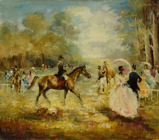 Tableau ancien, rencontre sociale, champ de courses chevaux huile, signé, 80,5 x 70,5 cm