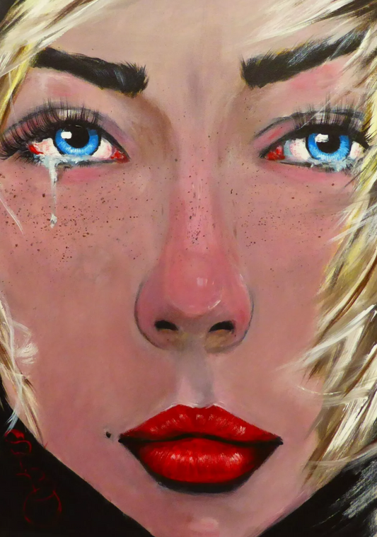 art-decoration-tableau-peinture-huile-toile-portrait-feminin-jeune-femme-blonde-yeux-bleux-pleure
