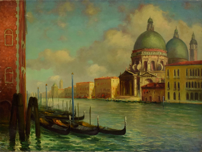 Vers 1950 Tableau ancien, Paysage de Venise ensoleillée, huile, signé 80,5x61 cm
