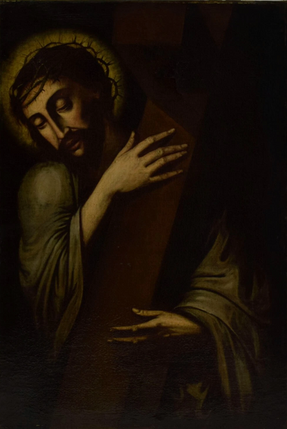 Tableau du 17/18ème Jh. "Christ à la croix à l'ombre de la souffrance", huile