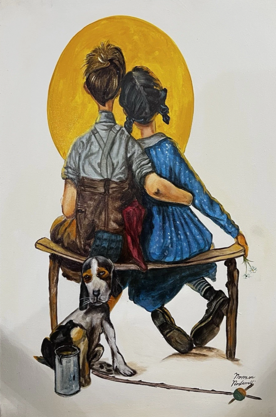 art-decoration-tableau-peinture-huile-toile-scene-genre-personnages-enfant-chien