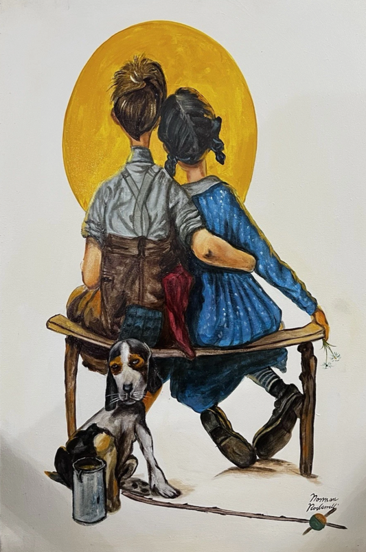 art-decoration-tableau-peinture-huile-toile-scene-genre-personnages-enfant-chien