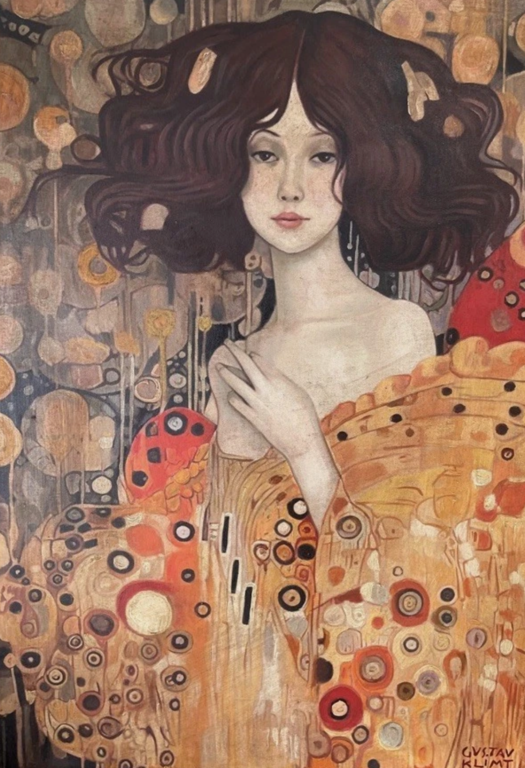 art-decoration-tableau-peinture-huile-toile-portrait-feminin-femme-brune-à la manière de Klimt