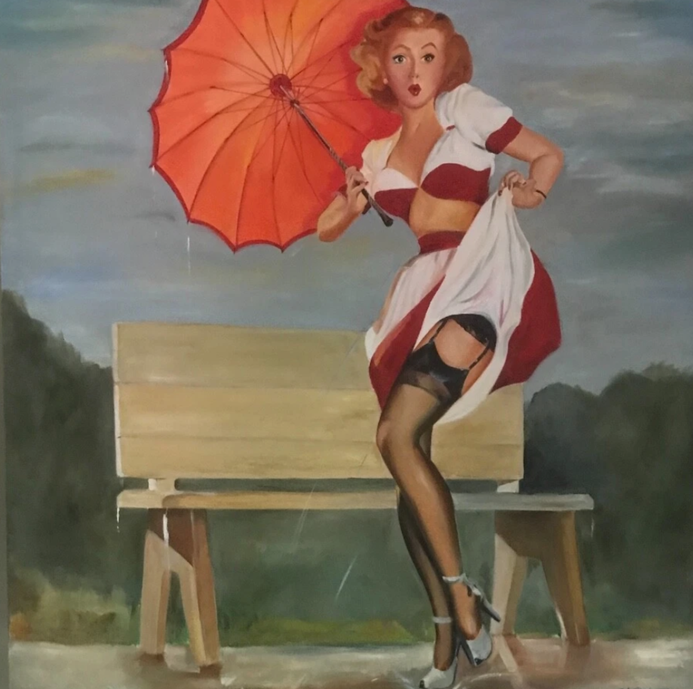 Grand tableau huile sur toile représentant une femme sexy près d'un banc de parc 100cm x 100cm