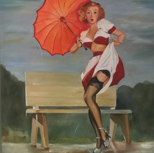 Grand tableau huile sur toile représentant une femme sexy près d'un banc de parc 100cm x 100cm