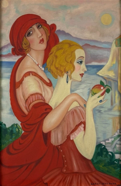 art-decoration-tableau-peinture-huile-toile-moderne-portrait-feminin-femme-personnage-deux amies-d'aprés Gerda Wegener