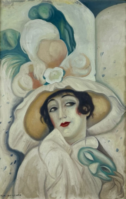 art-decoration-tableau-peinture-huile-toile-moderne-portrait-feminin-femme-personnage-chapeau-masque-d'aprés Gerda Wegener