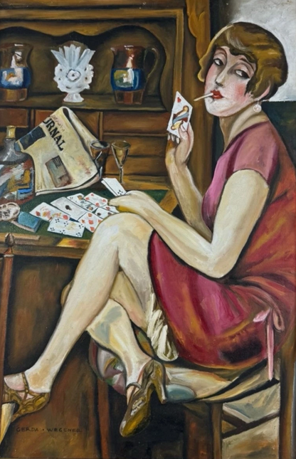 art-decoration-tableau-peinture-huile-toile-moderne-portrait-feminin-femme-personnage-cigarette-cartes-d'aprés Gerda Wegener