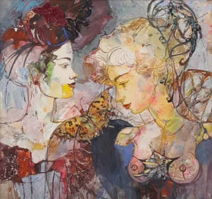 Chuchotements et ailes, peinture huile sur panneau originale Tempera, artiste Berezhna