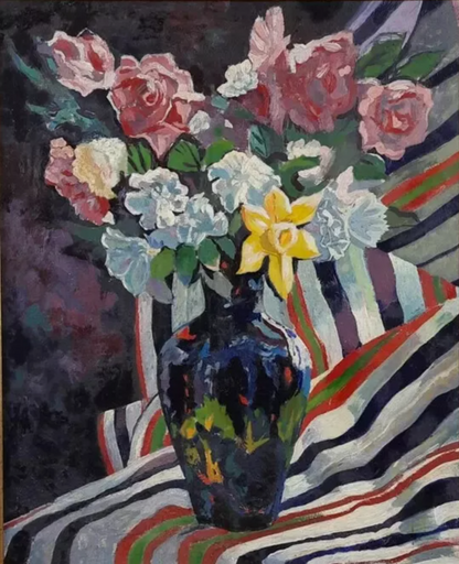 Bouquet de fleurs,dans vase, art ancien, peinture à l'huile originale sur panneau
