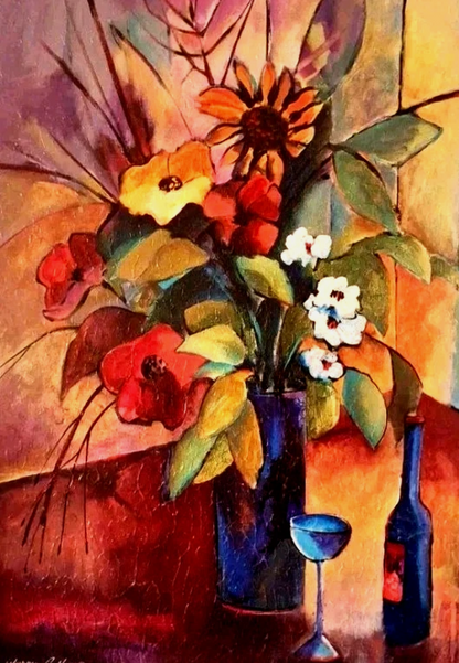 Tableau huile nature morte original artiste signé Warren Cullar 25x31"