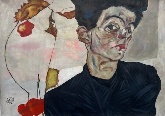 art-decoration-tableau-peinture-huile-toile-moderne-portrait-jeune-homme-habit-noir-d'apres Egon Schiele