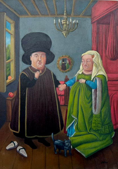 art-decoration-tableau-peinture-huile-toile-scene-medievale-personnages-d'apres Botero