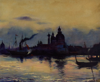 Vers 1920-1940 Tableau ancien, Venise à la tombée du crépuscule, huile, signée
