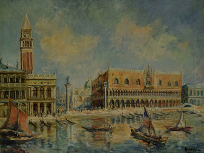 Tableau ancien 1955, place Saint Saint-Marc à Venise, huile, signé dat., 85,5 x 66 cm