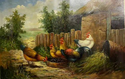 Peinture peinte à la main - poulets dans la ferme - 60x90cm-24"x36"- huile sur toile
