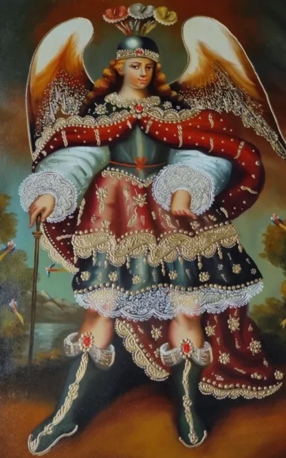 Saint Michel Archange, Ange, Peinture à l'huile originale, Peinture école Cuzco