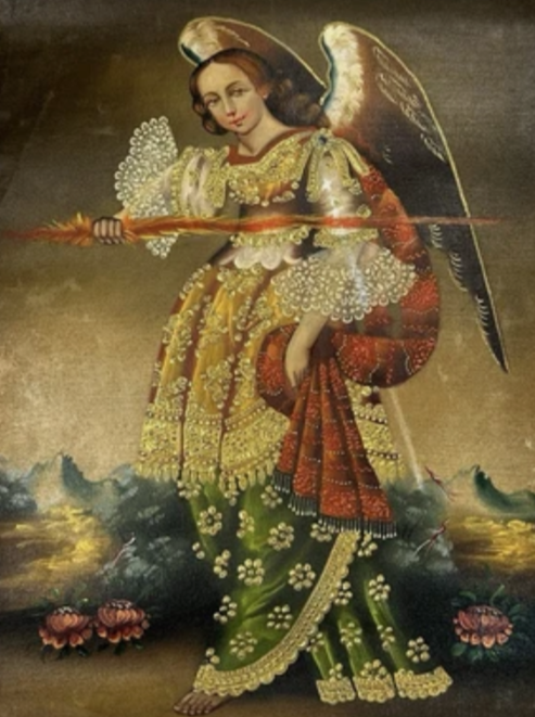 Peinture à l'huile originale école Cusco Pérou ARCHANGE SAINT URIEL