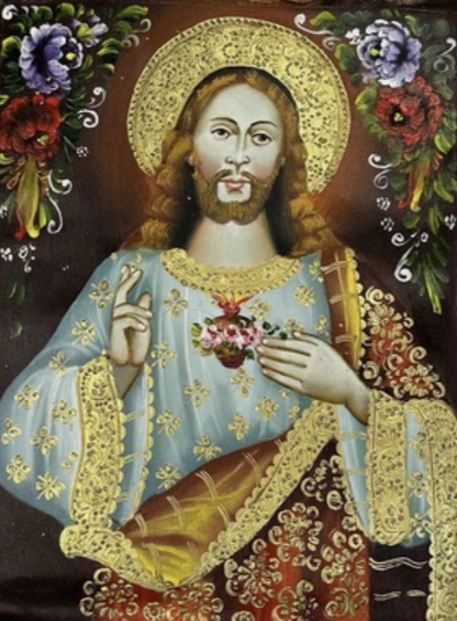 Peinture à l'huile originale école Cusco Pérou Sacré-Cœur de Jésus