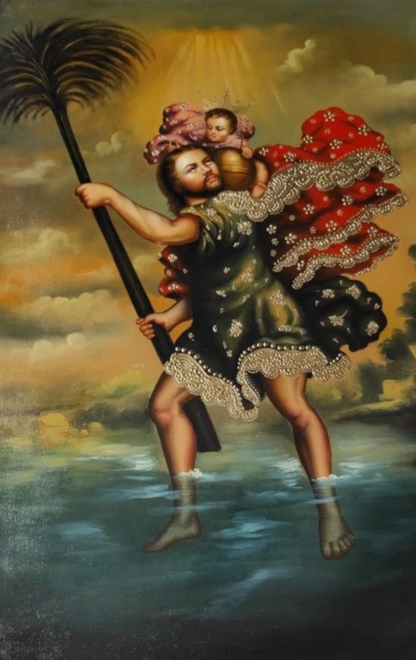 Tableau huile original Saint Christophe, tableau école Cuzco