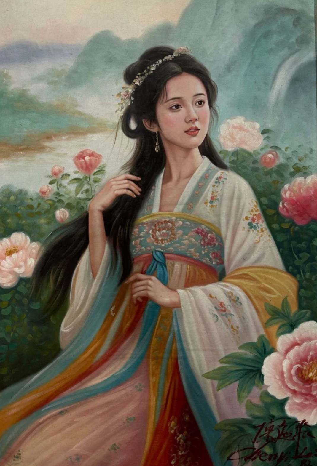portrait-femme-Peinture à l'huile sur toile "Beauté classique" peinte à la main chinoise par Chen Yifei